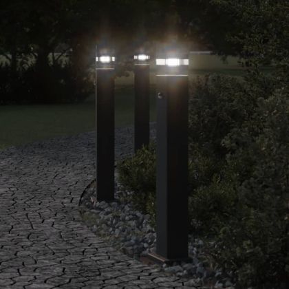 Външни подови лампи със сензори, 3 бр, черен, 80 см, алуминий