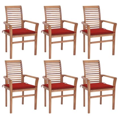 Трапезни столове 6 бр с червени възглавници тиково дърво масив