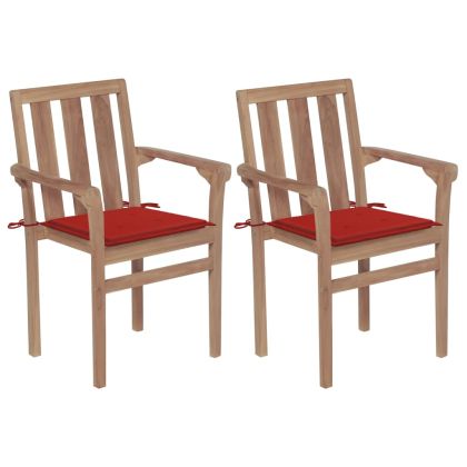 Градински столове, 2 бр, червени възглавници, тик масив
