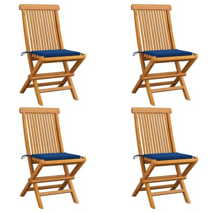 Градински столове с кралско сини възглавници 4 бр тик масив