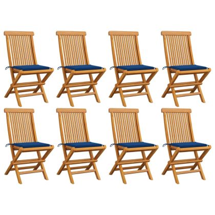 Градински столове с кралско сини възглавници 8 бр тик масив