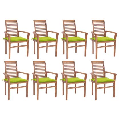 Трапезни столове, 8 бр, с яркозелени възглавници, тик масив