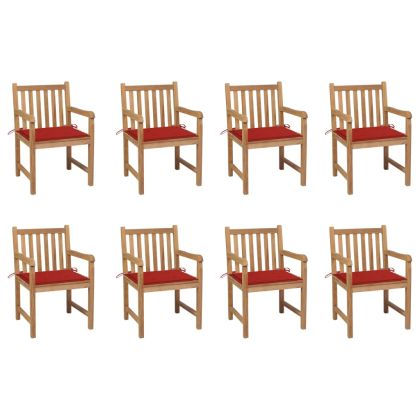 Градински столове, 8 бр, с червени възглавници, тик масив