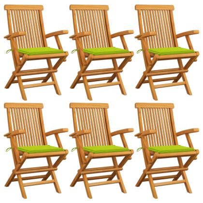 Градински столове с яркозелени възглавници 6 бр тик масив