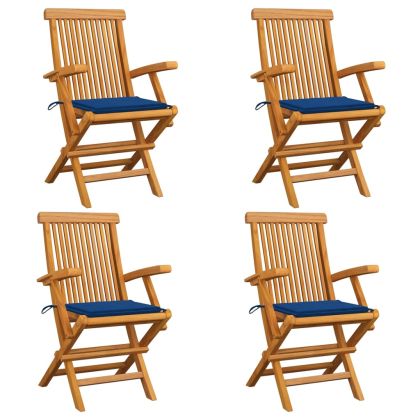 Градински столове с кралско сини възглавници 4 бр тик масив