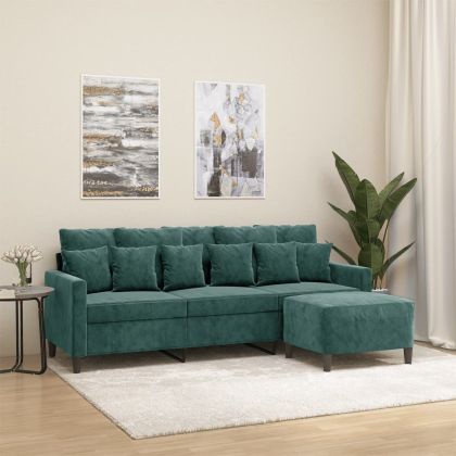 3-местен диван с табуретка, тъмнозелен, 180 см, кадифе