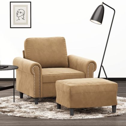 Кресло с табуретка, кафяво, 60 см, кадифе