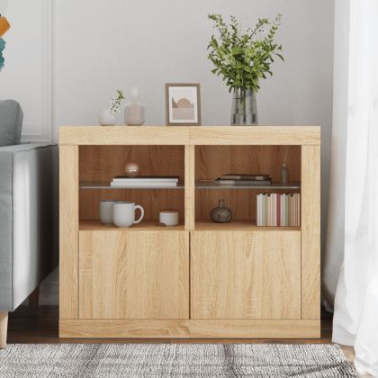 Странични шкафчета с LED, 2 бр, сонома дъб, инженерно дърво