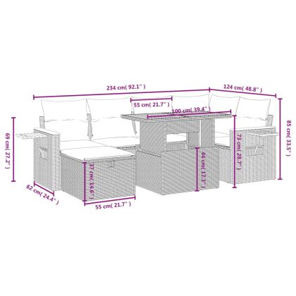 Градински диван с възглавници, 7 части, бежов полиратан