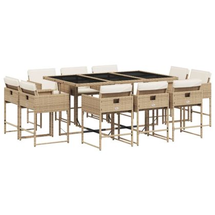 Градински комплект с възглавници, 11 части, бежов полиратан