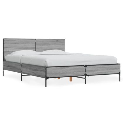 Рамка за легло, сив сонома, 135x190 см, инженерно дърво и метал
