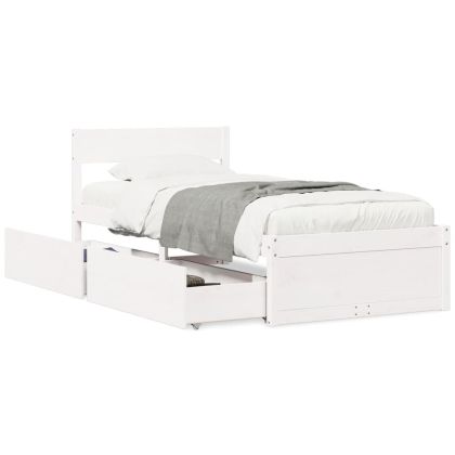 Рамка за легло с чекмеджета, бял, 75x190 см, борово дърво масив