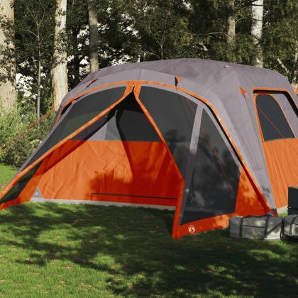 Семейна палатка с веранда 6-местна сиво-оранжева водоустойчива