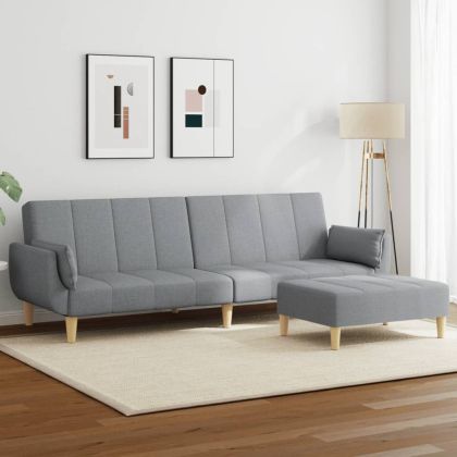 2-местен диван с табуретка, светлосив, текстил