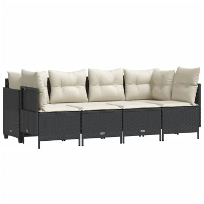 Градински комплект с възглавници, 5 части, черен полиратан