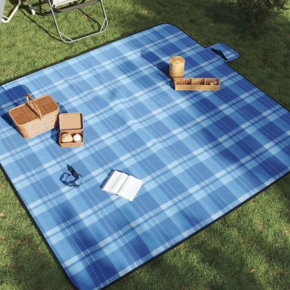 Одеяло за пикник, сгъваемо, синьо каре, 200x200 см, кадифе
