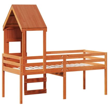 Високо легло с покрив восъчнокафяв 75x190 см борово дърво масив