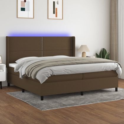 Боксспринг легло с матрак и LED, тъмнокафява, 200x200 см, плат