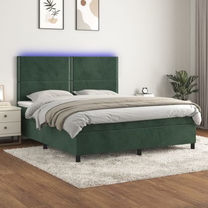 Боксспринг легло с матрак и LED, тъмнозелено, 160x200см, кадифе