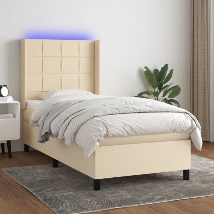 Боксспринг легло с матрак и LED, кремаво, 100x200 см, плат