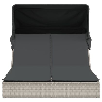 Двоен шезлонг със сенник и възглавници светлосив полиратан