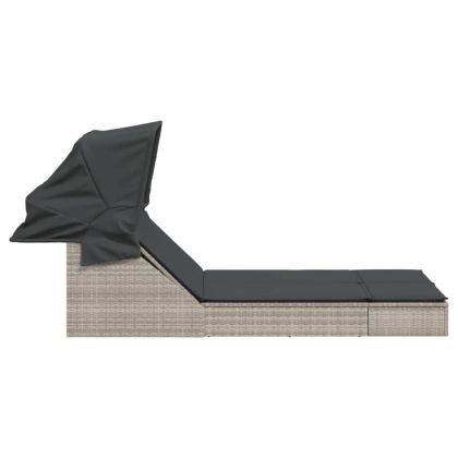 Двоен шезлонг със сенник и възглавници светлосив полиратан