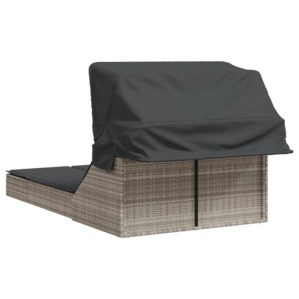 Двоен шезлонг със сенник и възглавници светлосив полиратан