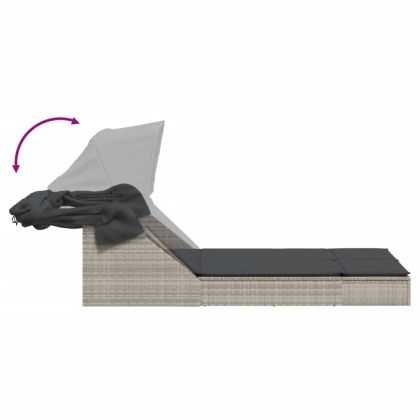 Двоен шезлонг със сенник и възглавници светлосив полиратан