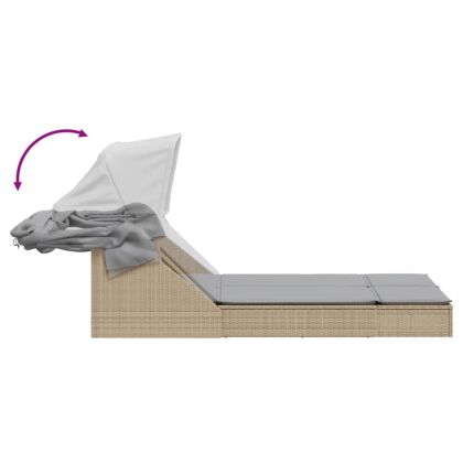 Двоен шезлонг със сенник и възглавници бежов полиратан