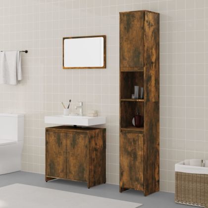 Комплект мебели за баня от 3 части, опушен дъб, инженерно дърво