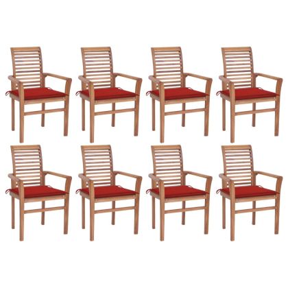 Трапезни столове, 8 бр, с червени възглавници, тик масив