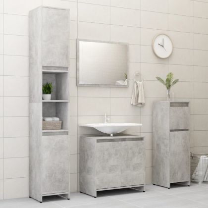 Комплект мебели за баня, 4 части, бетонно сив, инженерно дърво