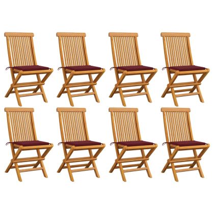Градински столове с виненочервени възглавници 8 бр тик масив