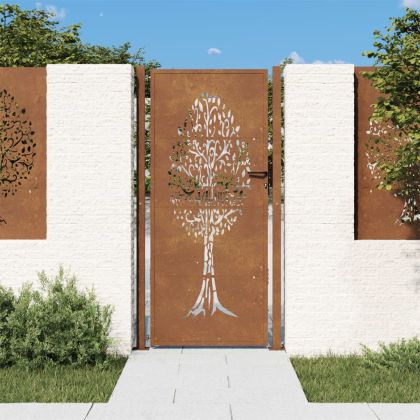 Градинска порта, 105x205 см, кортенова стомана, дизайн с дърво