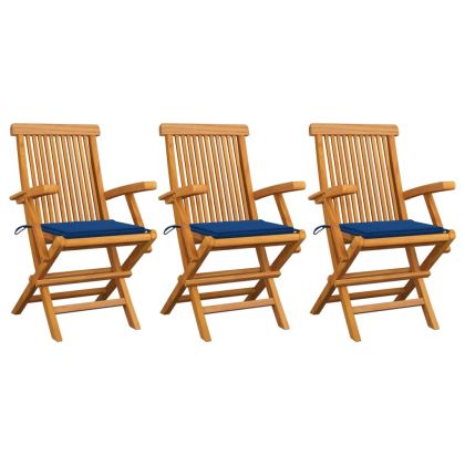 Градински столове с кралско сини възглавници 3 бр тик масив