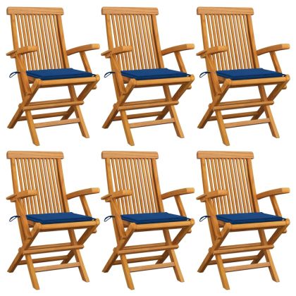 Градински столове с кралско сини възглавници 6 бр тик масив