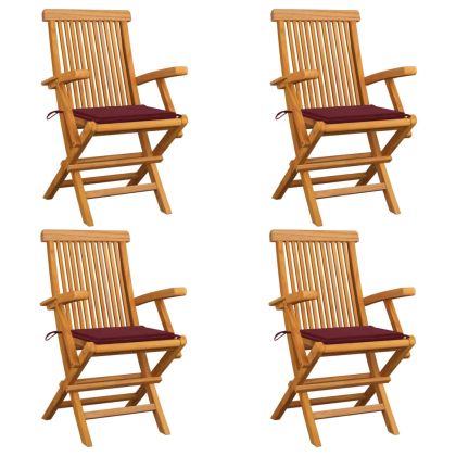 Градински столове с виненочервени възглавници 4 бр тик масив