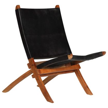 Сгъваем релакс стол, черен, естествена кожа