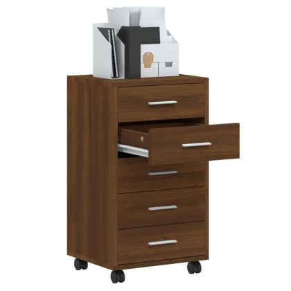 Шкаф с чекмеджета с колелца инженерно дърво кафяв дъб