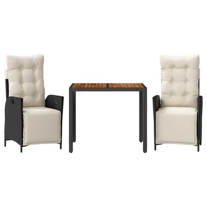 Градински комплект от 3 части с възглавници черни полиратан