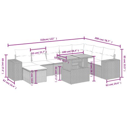 Градински комплект диван с възглавници 9 части бежов полиратан