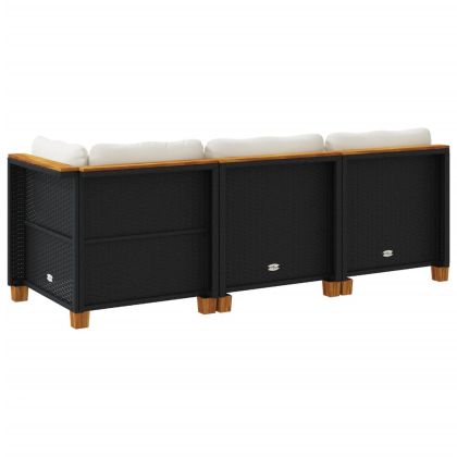 Градински диван с възглавници, 3-местен, черен, полиратан