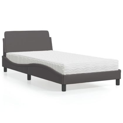 Легло с матрак, сиво, 100x200 см, изкуствена кожа