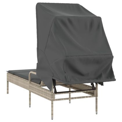 Шезлонг със сенник, светлосив, полиратан