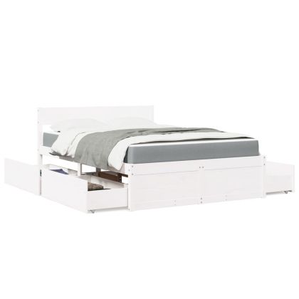 Легло с чекмеджета и матрак, бяло, 140x190 см, бор масив