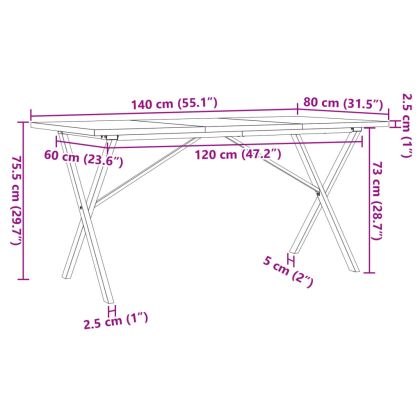 Трапезна маса X-образна рамка 140x80x75,5 см бор масив и стомана