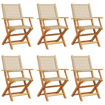 Сгъваеми градински столове 6 бр бежов полиратан и дърво масив