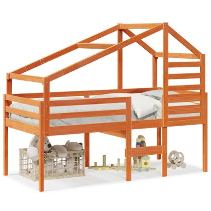 Високо легло с покрив восъчнокафяв 75x190 см борово дърво масив