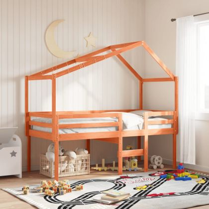 Високо легло с покрив восъчнокафяв 90x190 см борово дърво масив