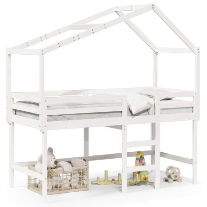 Таванско легло със стълба и покрив, бяло, 90x190 см, бор масив